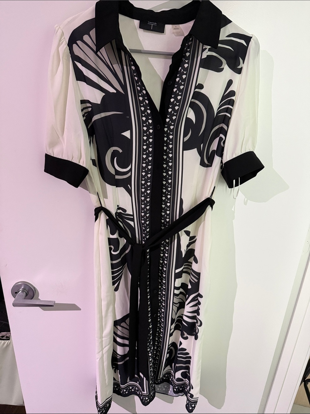Tahari Black and White Printed Midi Shirt Dress with Tie Belt